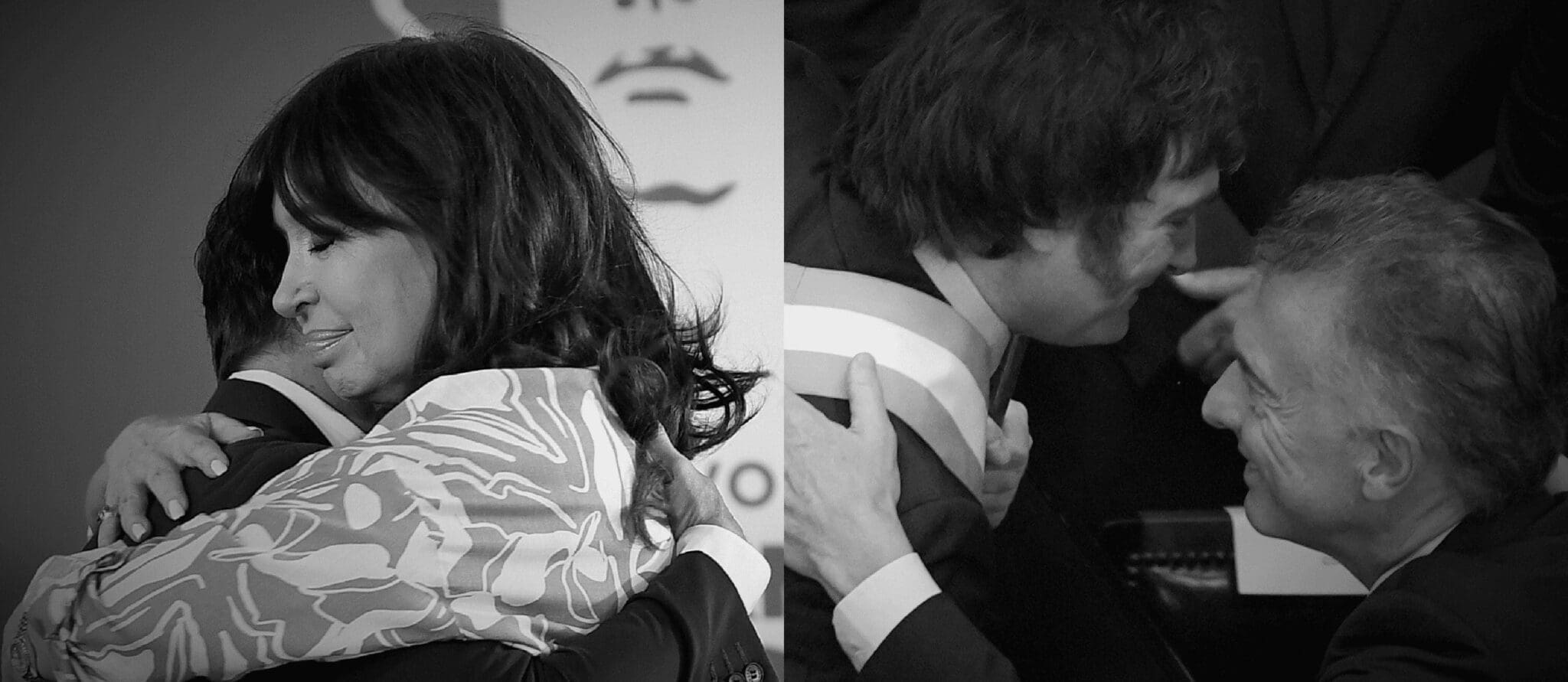Izquierda: Cristina Kirchner abraza a Axel Kicillof en un acto en 2022. Derecha: Macri saluda a Milei durante la asunción presidencial en 2023.